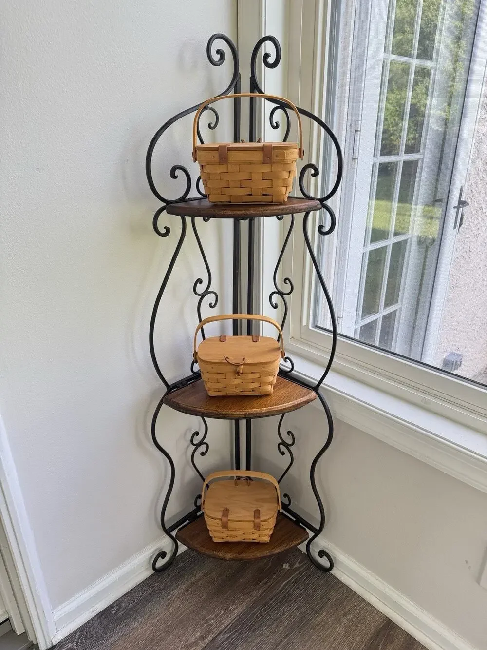 Vintage 3 Tier Folding Corner Shelf Wrought Iron Wood Etagere Plant Stand 48